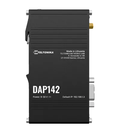 Teltonika DAP142 Accesspoint mit 2x1 Wi-Fi 4, 300 Mbit, DIN-Schienenmontage und RS232-Anschluss, schwarze Frontansicht mit Teltonika DAP142 Accesspoint mit 2x1 Wi-Fi 4, 300 Mbit, DIN-Schienenmontage und RS232-Anschluss, schwarze Frontansicht mit