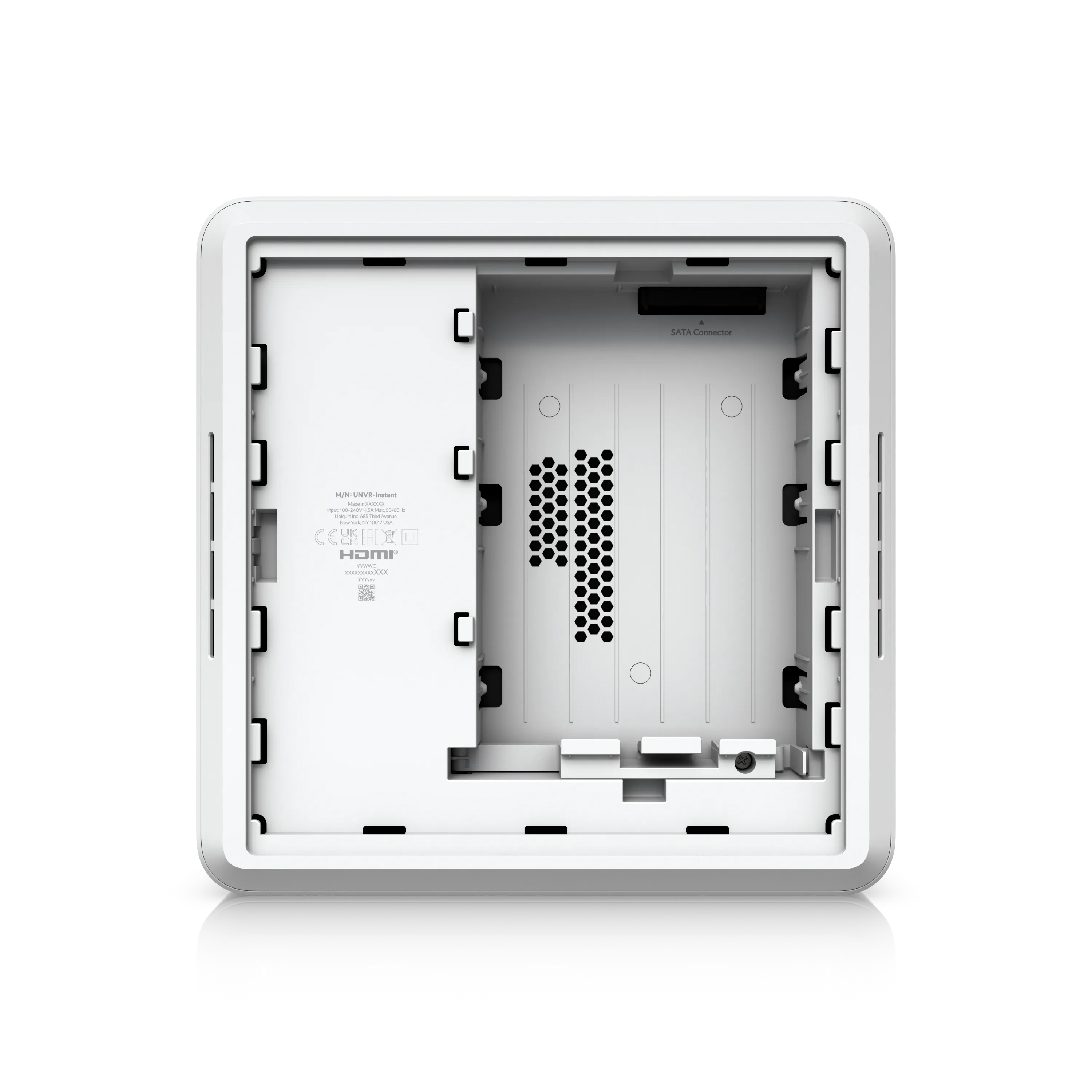 Ubiquiti UniFi UNVR-Instant Kit open chassis revealing internal SATA drive bay with ventilation and regulatory labels for