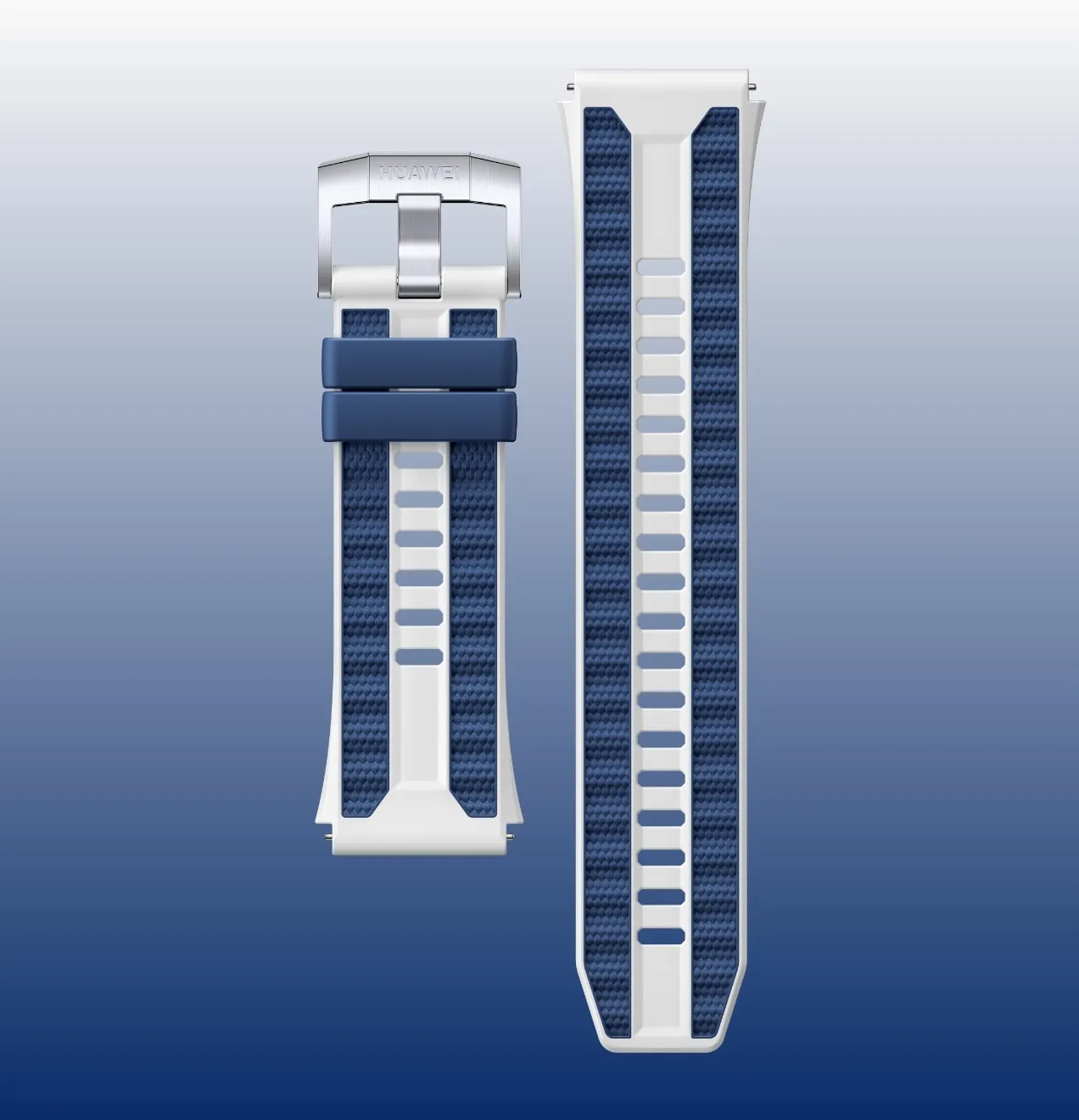 HUAWEI WATCH Ultimate 2 (March-B39) Green watch straps with blue textured center, white edges, and silver buckle displayed