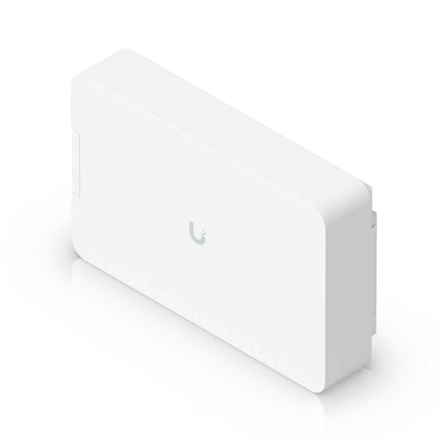 Ubiquiti UniFi Flex-Switch Utility Pro, weißes Netzwerkgerät mit abgerundeten Ecken und zentralem Logo auf glatter Ubiquiti UniFi Flex-Switch Utility Pro, weißes Netzwerkgerät mit abgerundeten Ecken und zentralem Logo auf glatter