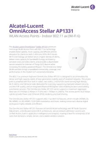 Punto de acceso inalámbrico OmniAccess Stellar AP1331-RW de Alcatel-Lucent, dispositivo ovalado blanco con detalles Punto de acceso inalámbrico OmniAccess Stellar AP1331-RW de Alcatel-Lucent, dispositivo ovalado blanco con detalles