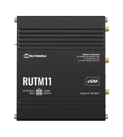 Teltonika RUTM11 LTE CAT6 WiFi router, black industrial device with white TELTONIKA and RUTM11 labels, eSIM slot, power Teltonika RUTM11 LTE CAT6 WiFi router, black industrial device with white TELTONIKA and RUTM11 labels, eSIM slot, power