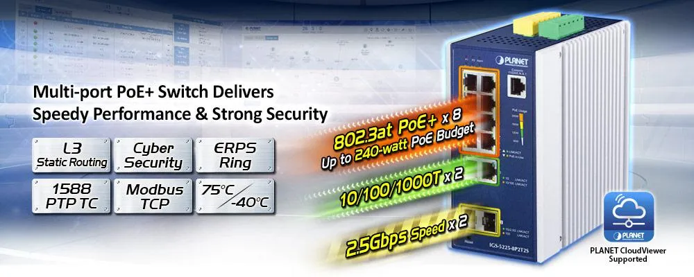 Промышленный коммутатор PLANET 8 портов PoE+ с 2xGbit и 2xSFP слотами на графике с характеристиками L3 маршрутизации и Промышленный коммутатор PLANET 8 портов PoE+ с 2xGbit и 2xSFP слотами на графике с характеристиками L3 маршрутизации и