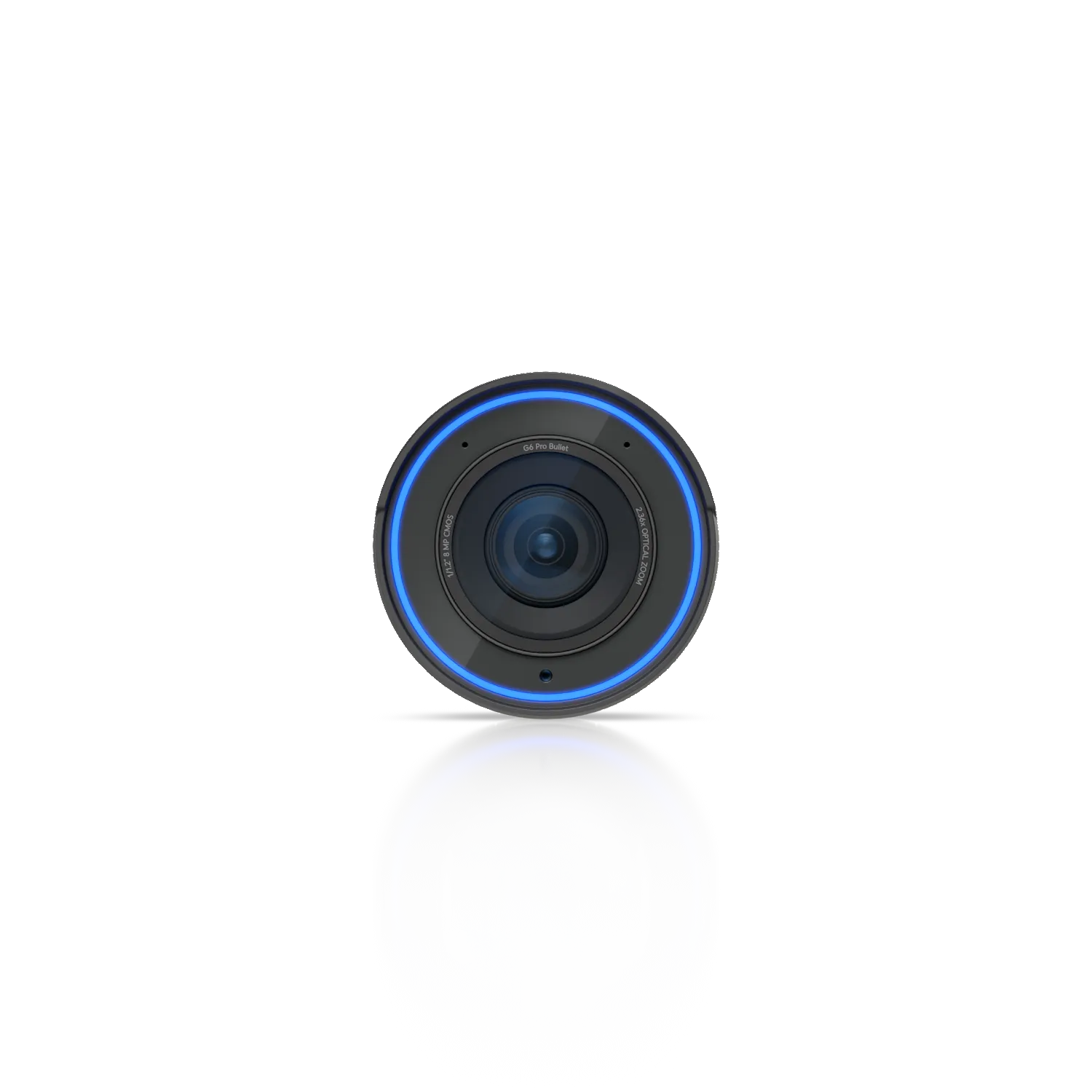 Ubiquiti UVC-G6-Pro-Bullet weiße Überwachungskamera mit blau leuchtendem Ring und silbernem Gehäuserand vor schwarzem