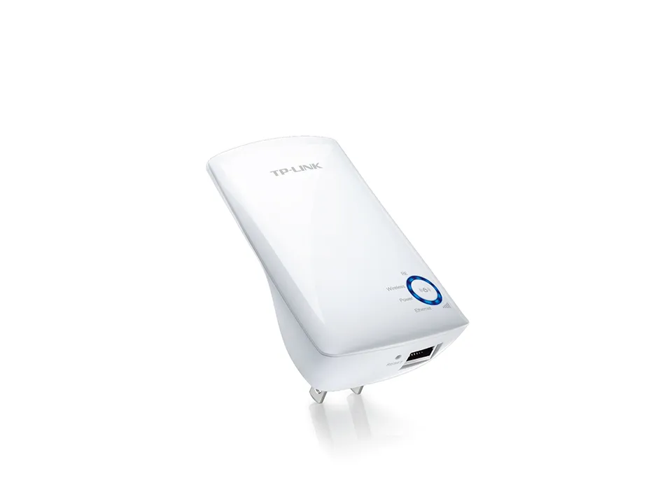 Weißer TP-Link TL-WA850RE WLAN-Repeater mit WPS-Taste, Ethernet-Port und Stecker für Wandmontage.