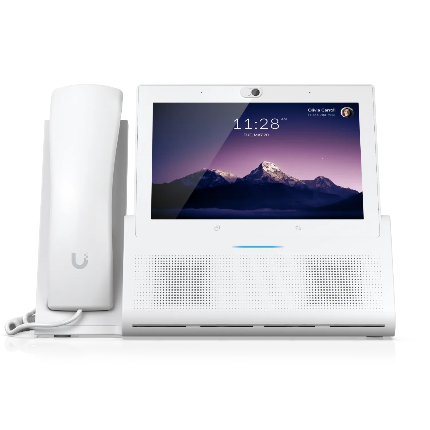 Ubiquiti UTP-TouchMax-White-U desktop VoIP phone with handset, touchscreen showing mountain wallpaper and incoming call,