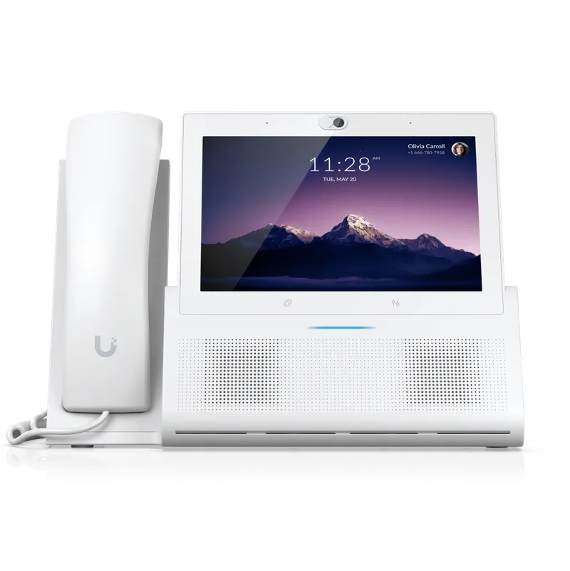 Ubiquiti UTP-TouchMax-White-U desktop VoIP phone with handset, touchscreen showing mountain wallpaper and incoming call,