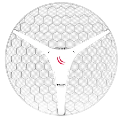 Antenna MikroTik RBLHGH-5acD-XL4pack 27dBi 5GHz con parabola bianca a griglia esagonale e supporto a tre bracci con logo Antenna MikroTik RBLHGH-5acD-XL4pack 27dBi 5GHz con parabola bianca a griglia esagonale e supporto a tre bracci con logo