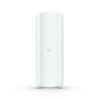 Puente Pro Sector UniFi de Ubiquiti, dispositivo cilíndrico blanco con logo gris en frontal sobre fondo negro reflectante. Puente Pro Sector UniFi de Ubiquiti, dispositivo cilíndrico blanco con logo gris en frontal sobre fondo negro reflectante.