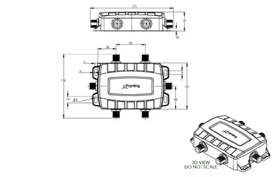 Poynting A-DPLX-0002-V1-01 Diplexer mit technischen Zeichnungen der Maße und 3D-Ansicht in IP68-Gehäuse für Antennenzubehör. Poynting A-DPLX-0002-V1-01 Diplexer mit technischen Zeichnungen der Maße und 3D-Ansicht in IP68-Gehäuse für Antennenzubehör.