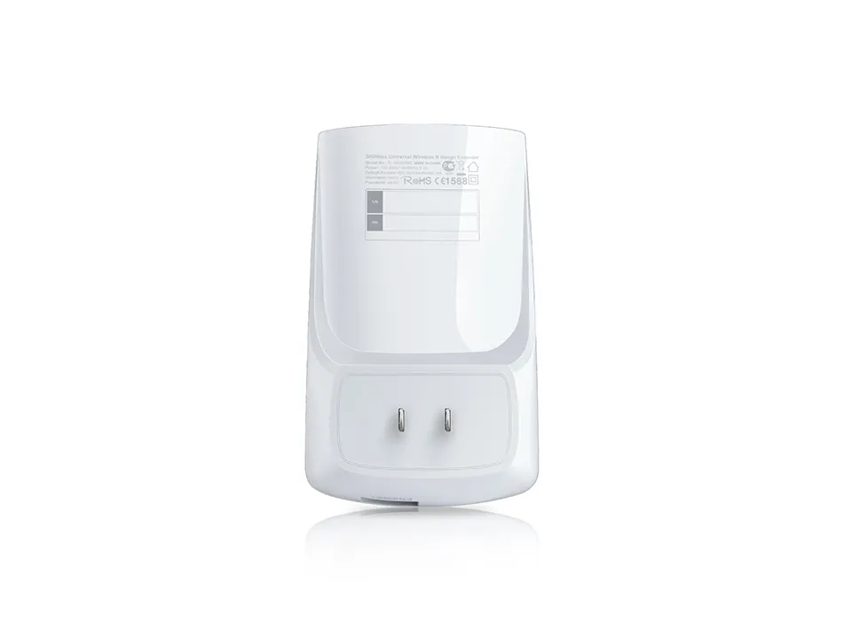 Weißer TP-Link TL-WA850RE 300Mbps WLAN-Repeater Rückansicht mit Steckerstiften und Typenschild für Seriennummer und PIN