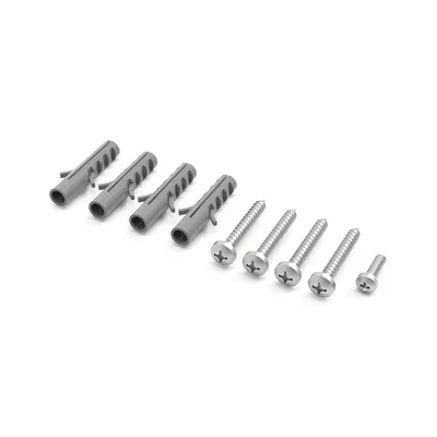 Kit wAP LoRa8G, cuatro tacos grises y seis tornillos plateados para montaje en pared sobre fondo blanco. Kit wAP LoRa8G, cuatro tacos grises y seis tornillos plateados para montaje en pared sobre fondo blanco.