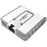 Point d'accès Wi-Fi MikroTik mAP lite blanc avec port Ethernet et voyants LED visible en vue inclinée Point d'accès Wi-Fi MikroTik mAP lite blanc avec port Ethernet et voyants LED visible en vue inclinée
