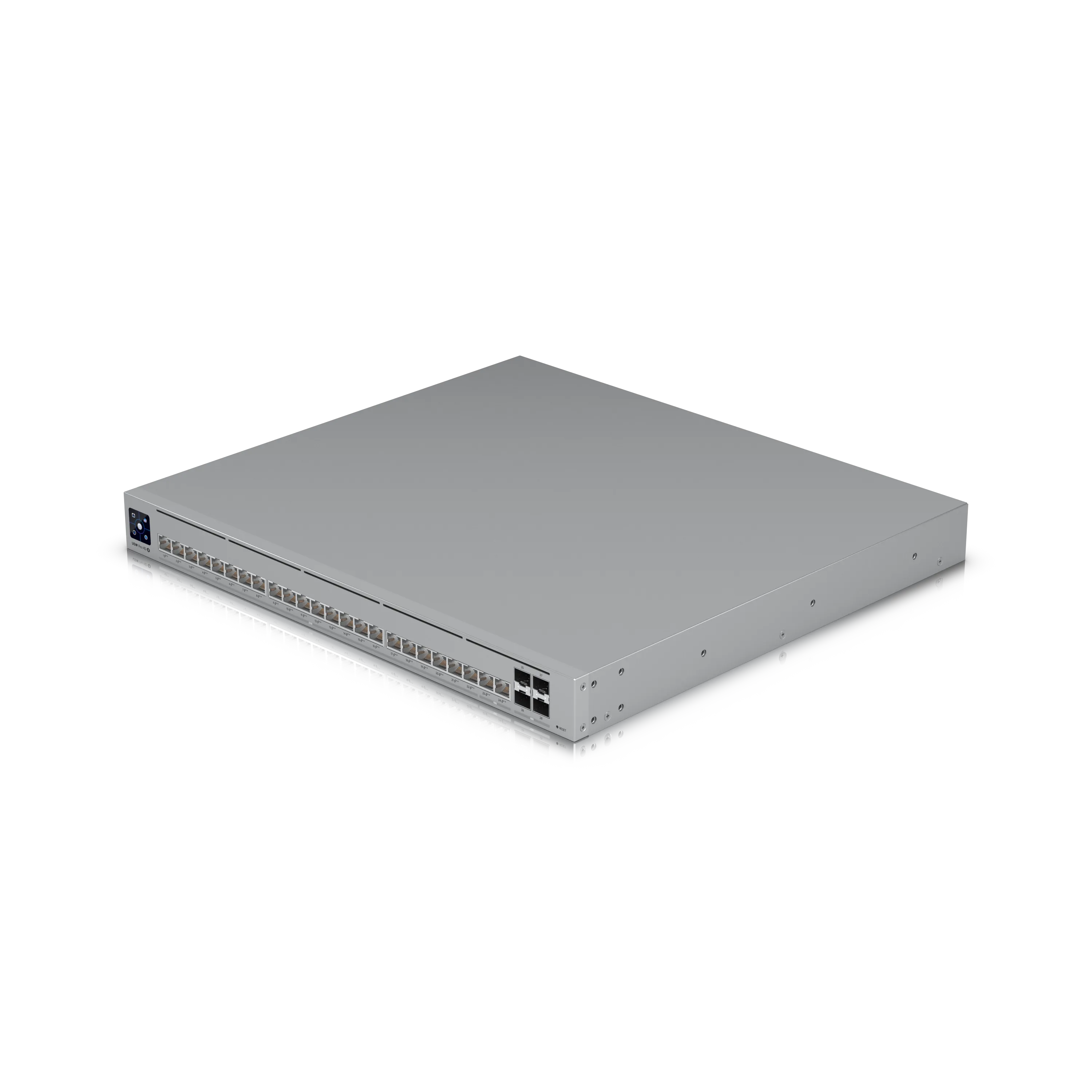 Ubiquiti UniFi Switch USW Pro HD 24 PoE 600W silberner Rack-Switch mit Ethernet-Ports und SFP+-Slots in Frontansicht vor Ubiquiti UniFi Switch USW Pro HD 24 PoE 600W silberner Rack-Switch mit Ethernet-Ports und SFP+-Slots in Frontansicht vor