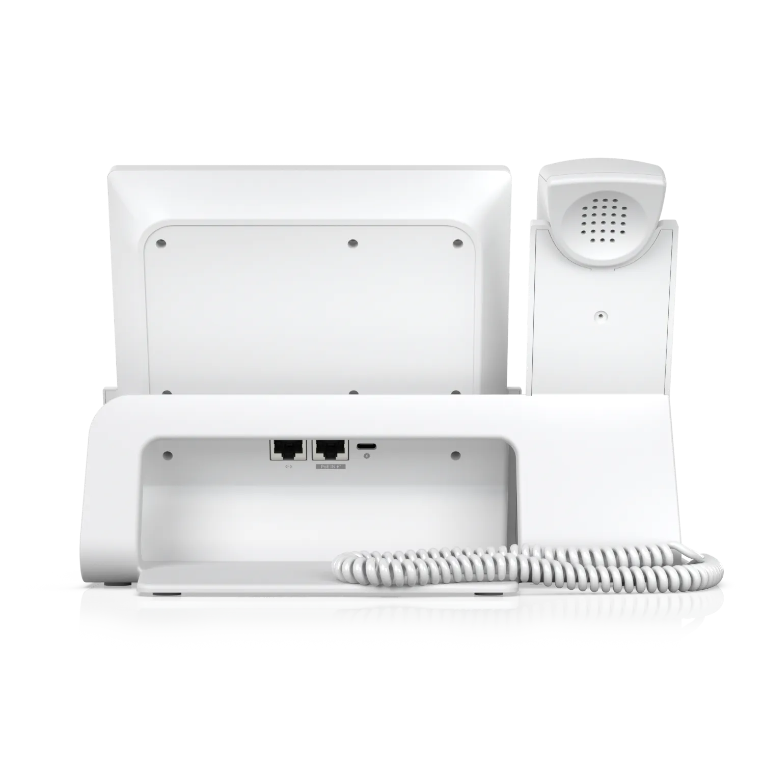 Ubiquiti UTP-TouchMax-White-U Phone Touch Max rear view showing PoE Ethernet ports, USB-C, and handset in cradle for office