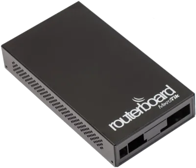 MikroTik RB433 Gehäuse schwarzes Metallgehäuse mit Belüftungslöchern und USB-Anschluss für Routerboard im Innenbereich.