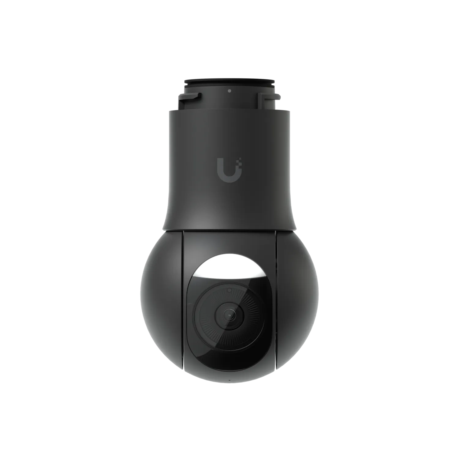 Ubiquiti UVC-G5-PTZ white PTZ security camera with spherical lens and cylindrical base on black background for surveillance Ubiquiti UVC-G5-PTZ white PTZ security camera with spherical lens and cylindrical base on black background for surveillance