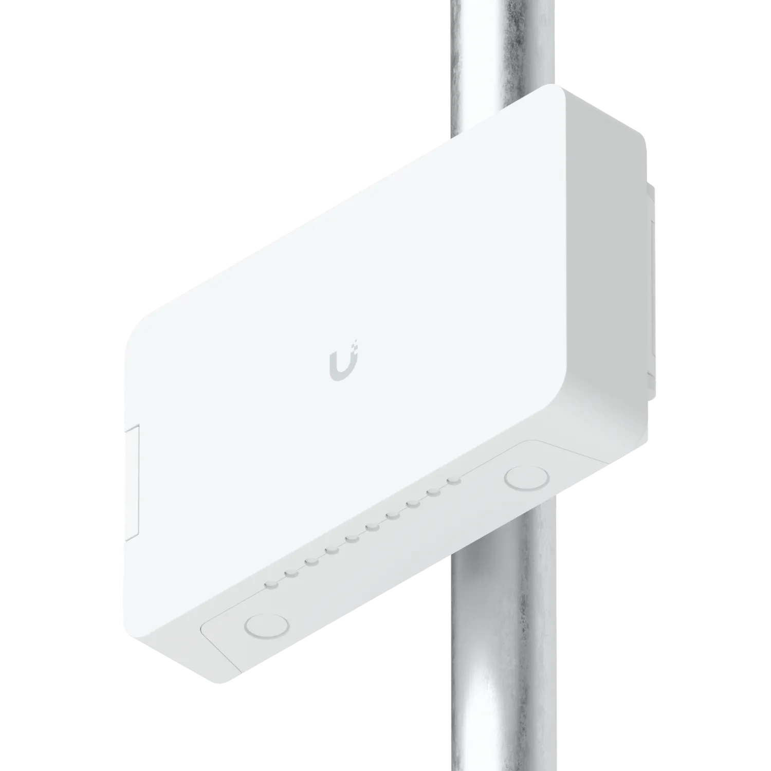 Ubiquiti UniFi Flex-Switch Utility Pro an silbernem Metallmast montiert mit LED-Anzeigen und Logo von schräg unten. Ubiquiti UniFi Flex-Switch Utility Pro an silbernem Metallmast montiert mit LED-Anzeigen und Logo von schräg unten.