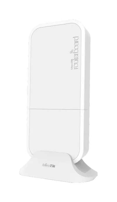 MikroTik wAPR-2nD&EC200A-EU wireless access point with LTE modem, white vertical router on stand showing RouterBOARD and MikroTik wAPR-2nD&EC200A-EU wireless access point with LTE modem, white vertical router on stand showing RouterBOARD and