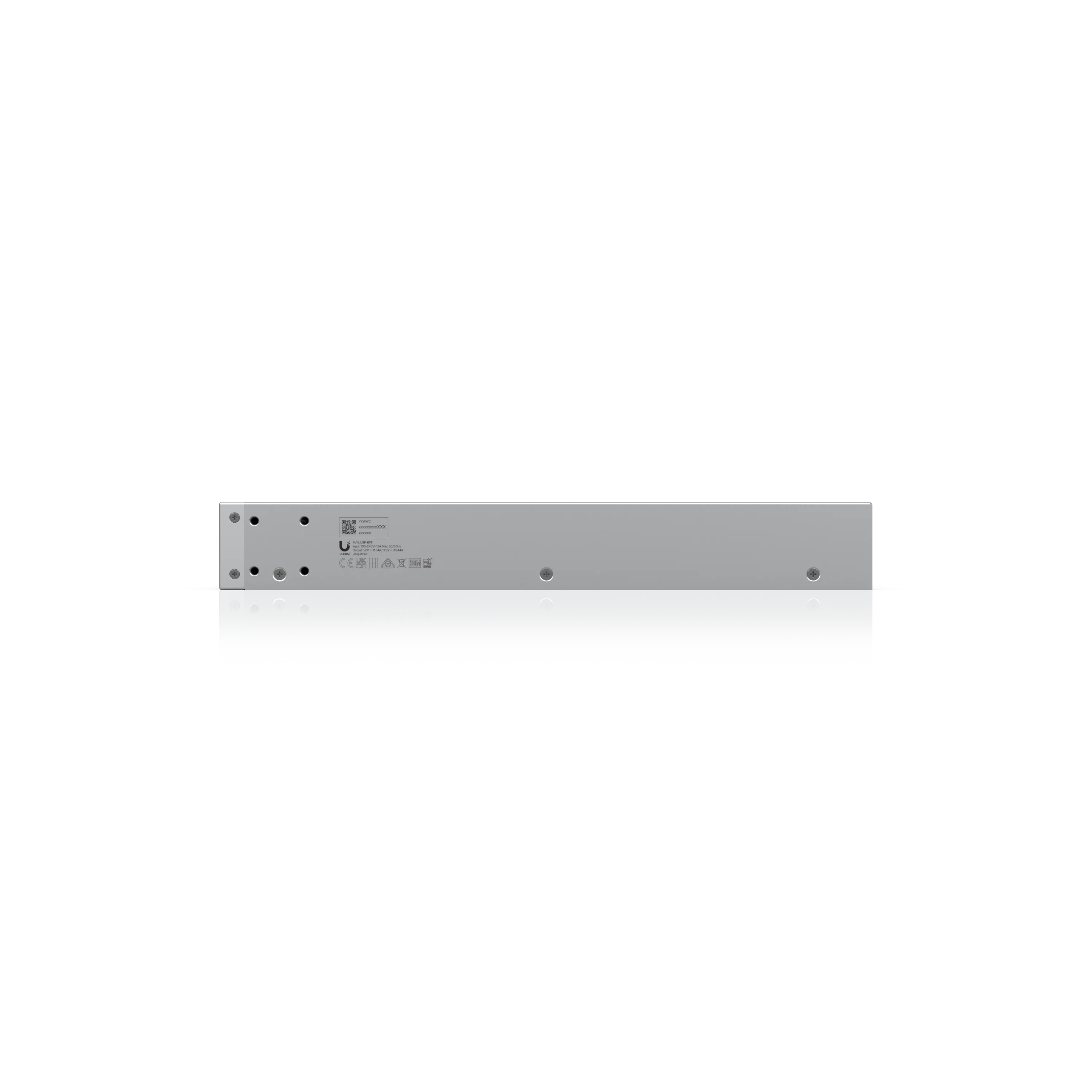 Ubiquiti USP-RPS-EU Netzgerät von unten mit Montagelöchern, Schrauben und Aufkleber mit QR-Code, Logo und