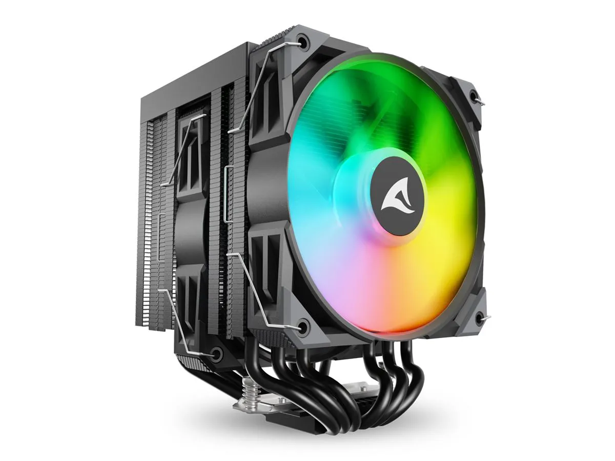 Sharkoon CPU-Kühler A60 mit 120mm RGB-Lüfter in Schwarz, sichtbare Kühlrippen, schwarze Heatpipes und silberne Halteclips Sharkoon CPU-Kühler A60 mit 120mm RGB-Lüfter in Schwarz, sichtbare Kühlrippen, schwarze Heatpipes und silberne Halteclips