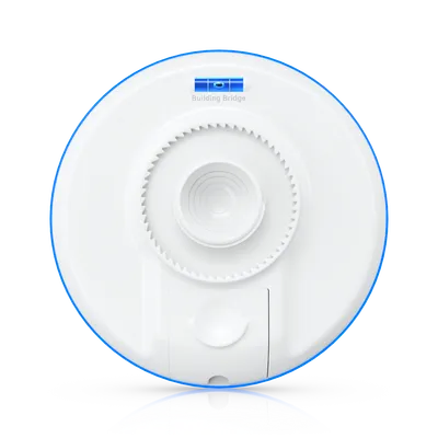 Puente UniFi Building Bridge 60 GHz con diseño circular blanco y nivelador azul sobre fondo negro para conexión gigabit Puente UniFi Building Bridge 60 GHz con diseño circular blanco y nivelador azul sobre fondo negro para conexión gigabit