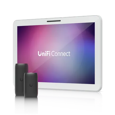 Ubiquiti UniFi Connect Display Full HD PoE++ Touchscreen mit lila-blauem Startbildschirm und zwei UniFi-Geräten auf Ubiquiti UniFi Connect Display Full HD PoE++ Touchscreen mit lila-blauem Startbildschirm und zwei UniFi-Geräten auf