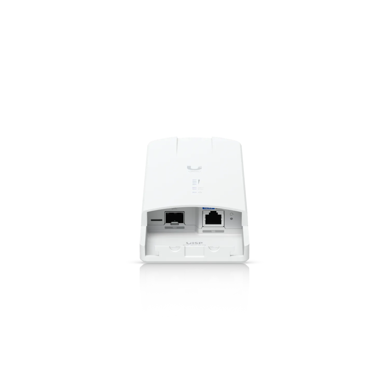 Ubiquiti Wave MLO5 Funkgerät Rückansicht mit SFP+, 10 GbE-Port und Status-LEDs auf schwarzem Hintergrund mit Reflexion.