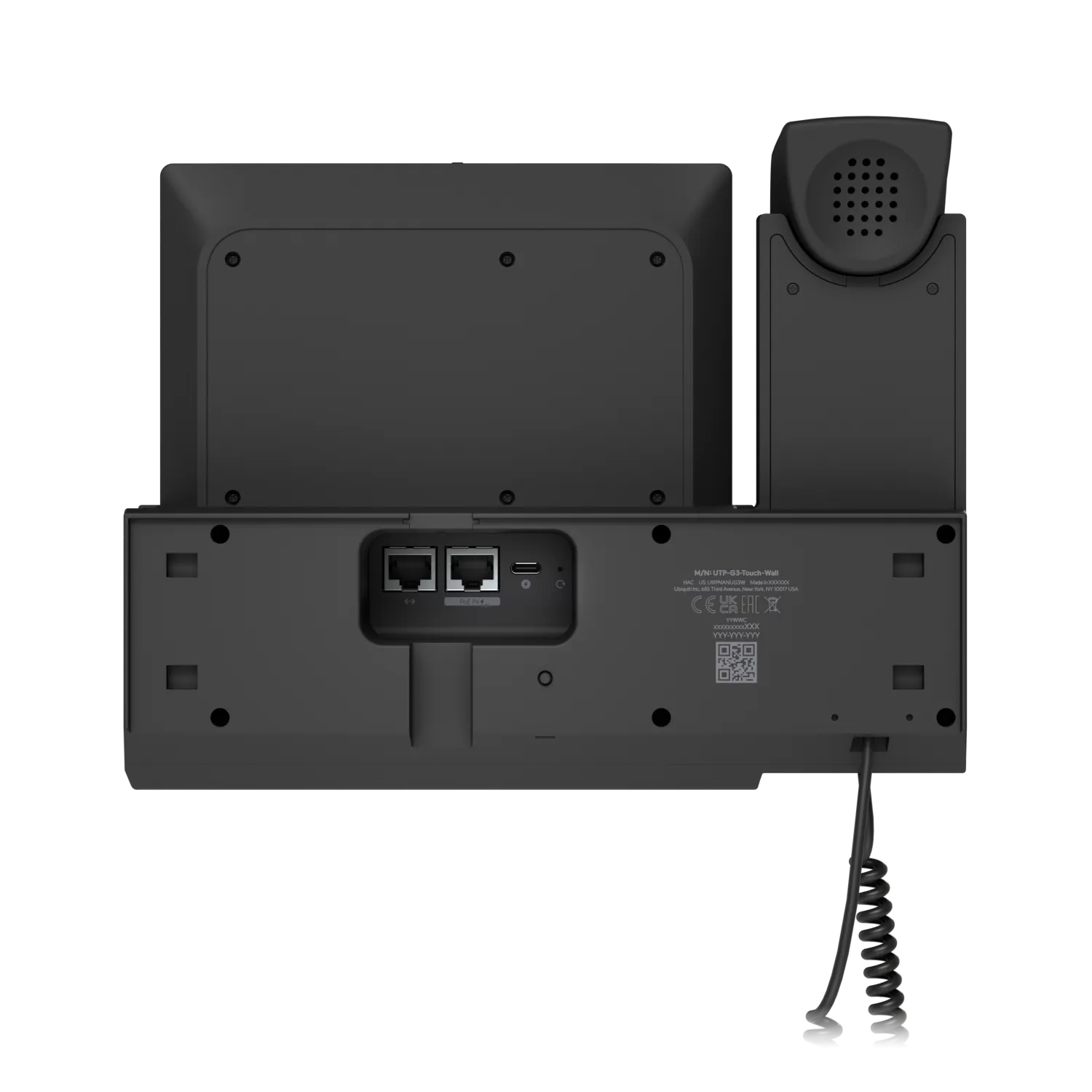 Ubiquiti UniFi Talk Phone G3 Touch Wall Rückansicht mit Ethernet- und USB-C-Anschlüssen, QR-Code und Spiralkabel für