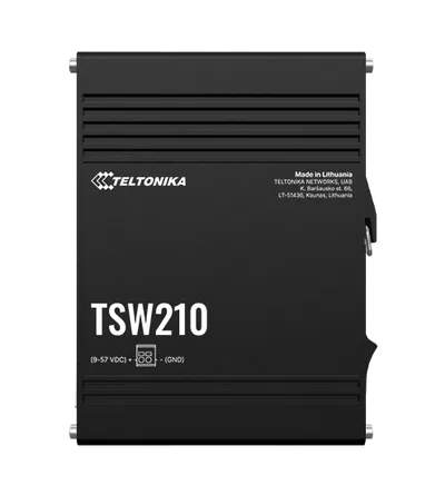 TELTONIKA TSW210 Unmanaged Gigabit Switch mit SFP-Port, schwarze Metallgehäuse-Front mit Logo, Modellbezeichnung und