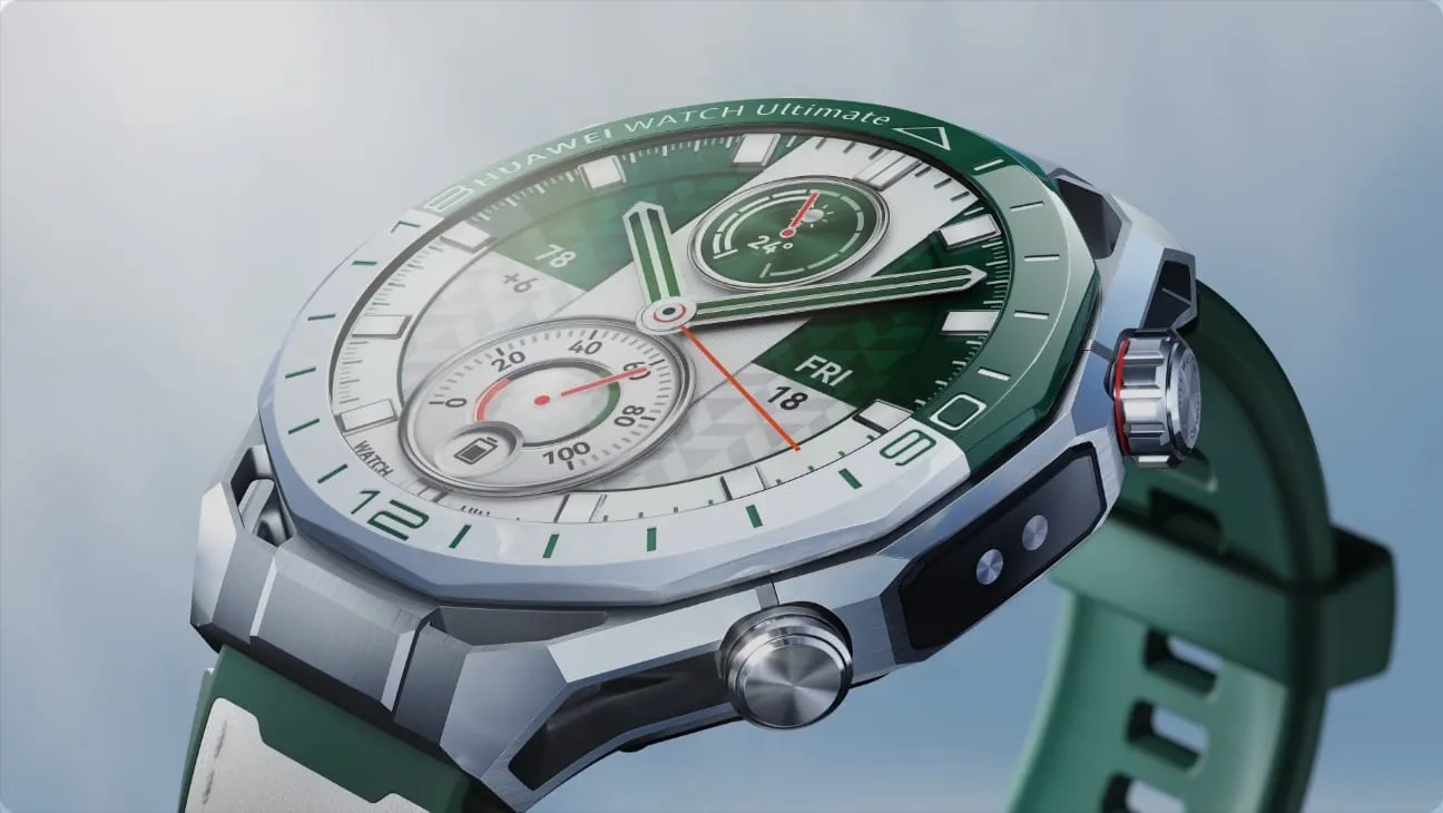HUAWEI WATCH Ultimate 2 March-B29 in blue and white fluoroelast with silver bezel, green watch face, and red-accented crown