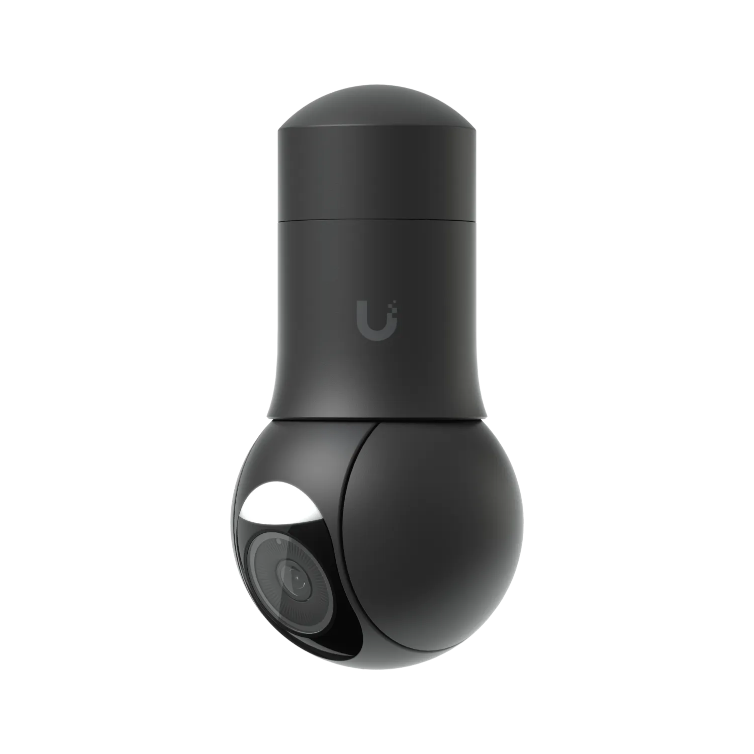 Ubiquiti UVC-G5-PTZ white PTZ security camera with cylindrical body, U logo, spherical gimbal base, and lens with LED light Ubiquiti UVC-G5-PTZ white PTZ security camera with cylindrical body, U logo, spherical gimbal base, and lens with LED light