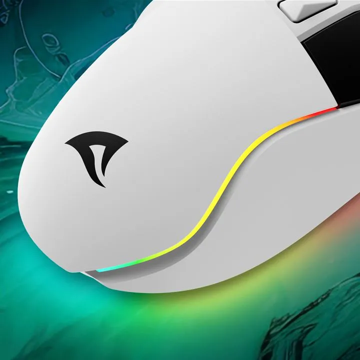 Mouse da gaming Sharkoon Shark SGM35 bianco in primo piano con logo a pinna di squalo nero e striscia RGB laterale che Mouse da gaming Sharkoon Shark SGM35 bianco in primo piano con logo a pinna di squalo nero e striscia RGB laterale che