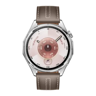 Huawei WATCH GT6 41mm in Purple Fluoroelastomer strap with silver case and pink analog dial featuring a bicycle icon for