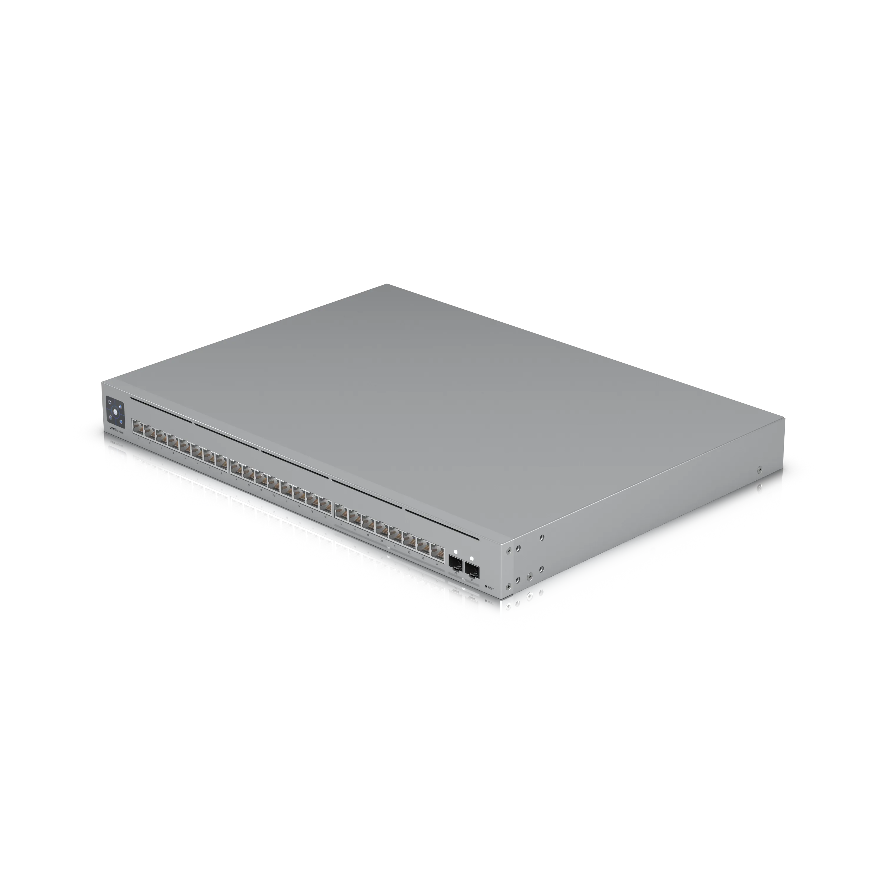 Ubiquiti UniFi Switch USW-Pro-Max-24-POE 400W PoE++ mit LCD-Touchscreen, 24 RJ45-Ports und 2 SFP+-Slots auf weißem Ubiquiti UniFi Switch USW-Pro-Max-24-POE 400W PoE++ mit LCD-Touchscreen, 24 RJ45-Ports und 2 SFP+-Slots auf weißem