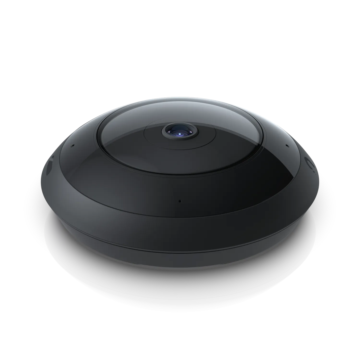 Ubiquiti Video Kamera UVC-AI-360, schwarze Kuppelkamera mit glänzender Abdeckung und zentralem Objektiv auf reflektierendem Ubiquiti Video Kamera UVC-AI-360, schwarze Kuppelkamera mit glänzender Abdeckung und zentralem Objektiv auf reflektierendem