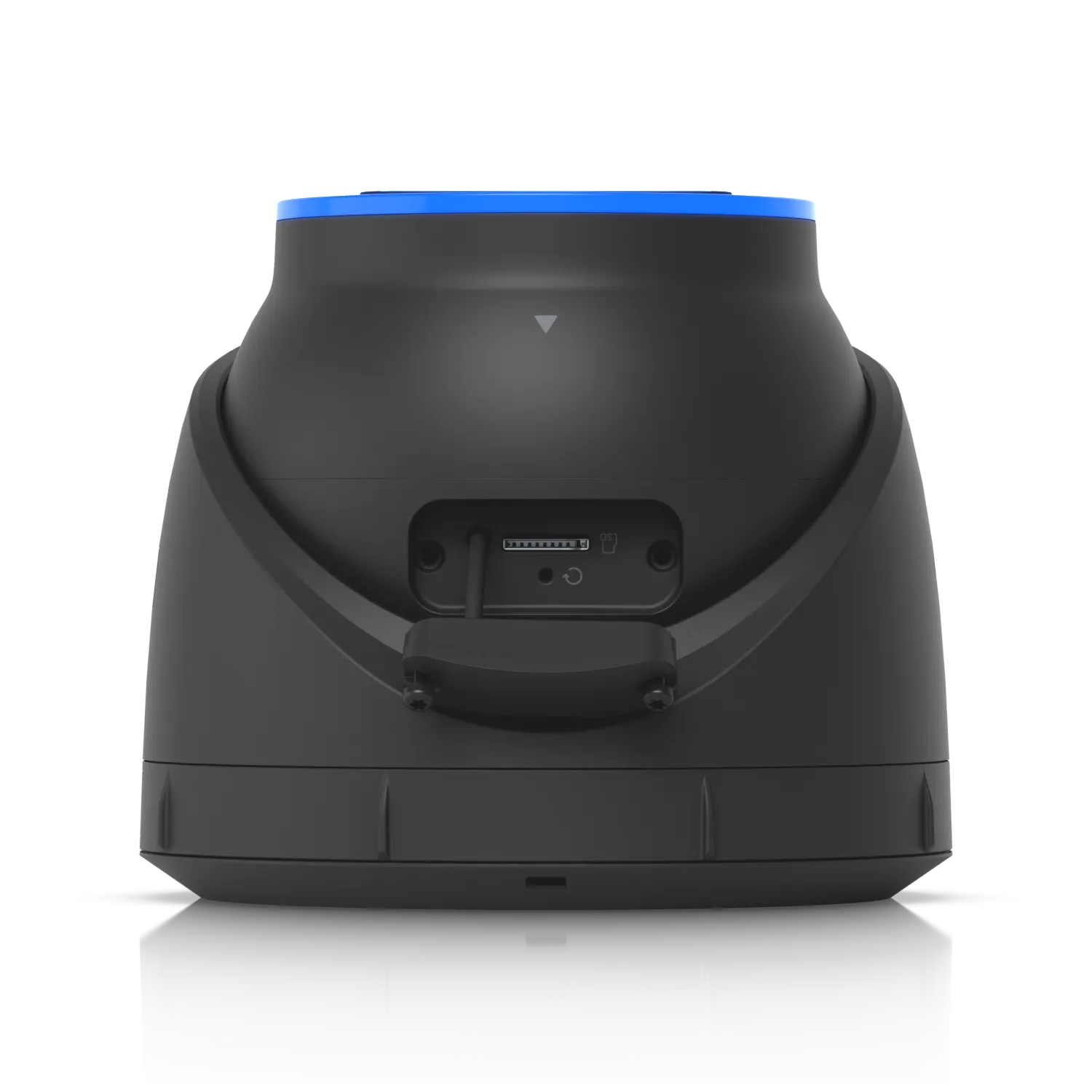 Ubiquiti Video Kamera UVC-AI-Turret weiß Rückansicht mit microSD-Slot, Reset-Taste und Kabelausgang unter blauem LED-Ring. Ubiquiti Video Kamera UVC-AI-Turret weiß Rückansicht mit microSD-Slot, Reset-Taste und Kabelausgang unter blauem LED-Ring.