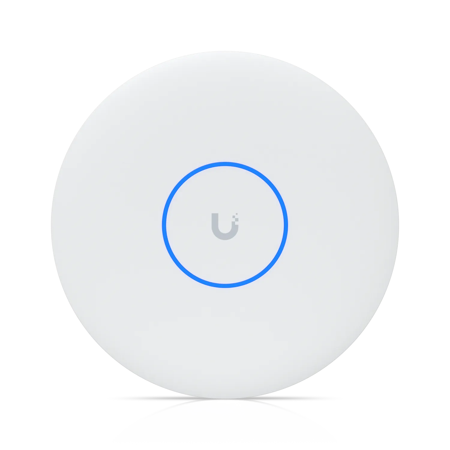 Ubiquiti UniFi AP U7-PRO XGS wireless access point with central logo and blue LED ring on white background. Ubiquiti UniFi AP U7-PRO XGS wireless access point with central logo and blue LED ring on white background.