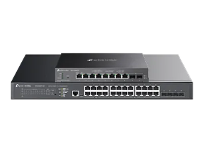 Commutateur TP-Link MS108GP 8 ports Gigabit avec 7 ports PoE+ en gris foncé vu de trois quarts avant montrant les ports Commutateur TP-Link MS108GP 8 ports Gigabit avec 7 ports PoE+ en gris foncé vu de trois quarts avant montrant les ports