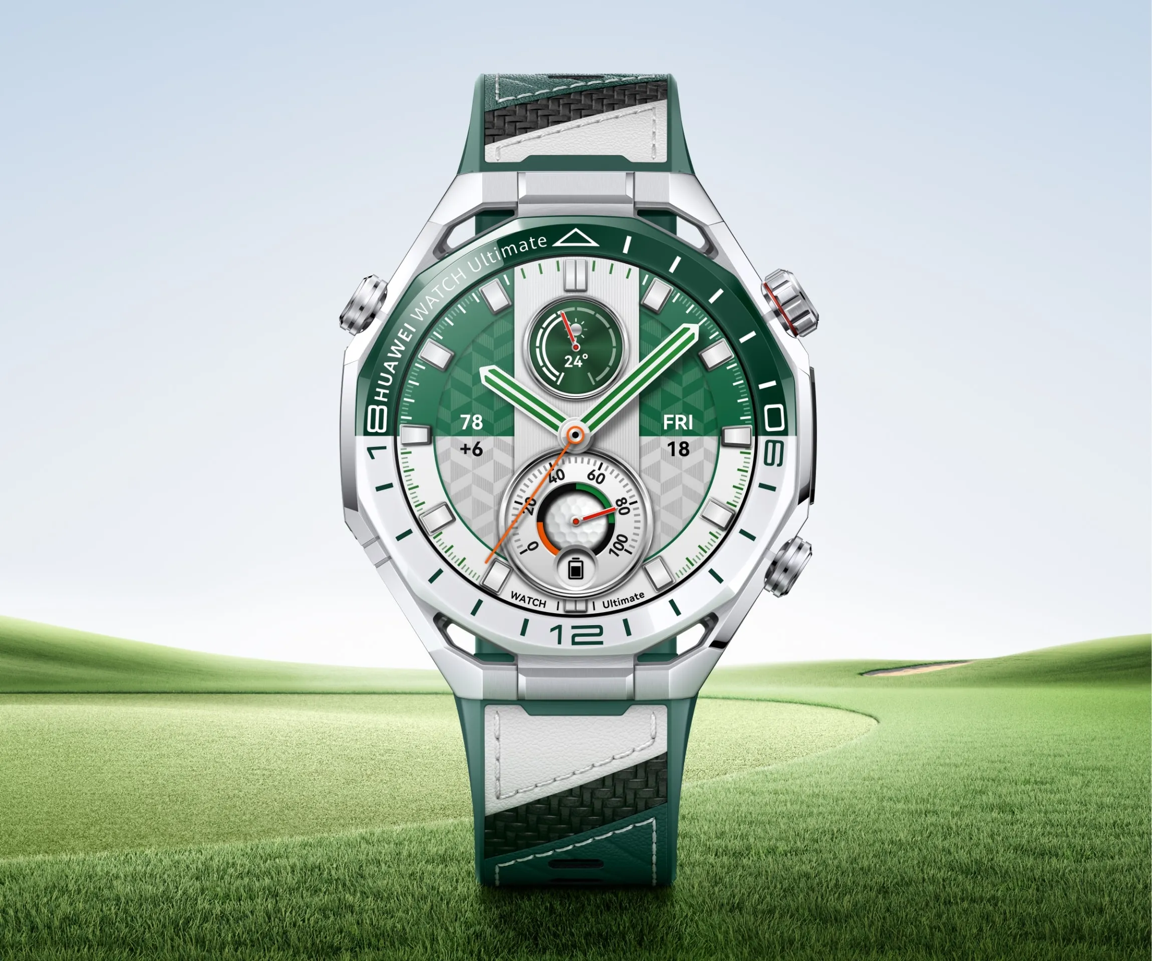 HUAWEI WATCH Ultimate 2 (March-B29) in Blue and White Fluoroelast with silver case, green and white strap, and digital