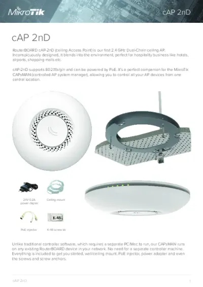 Punto de acceso MikroTik RBcAP2nD cAP 2.4 GHz en vistas frontal, lateral e inferior con accesorios como adaptador, soporte