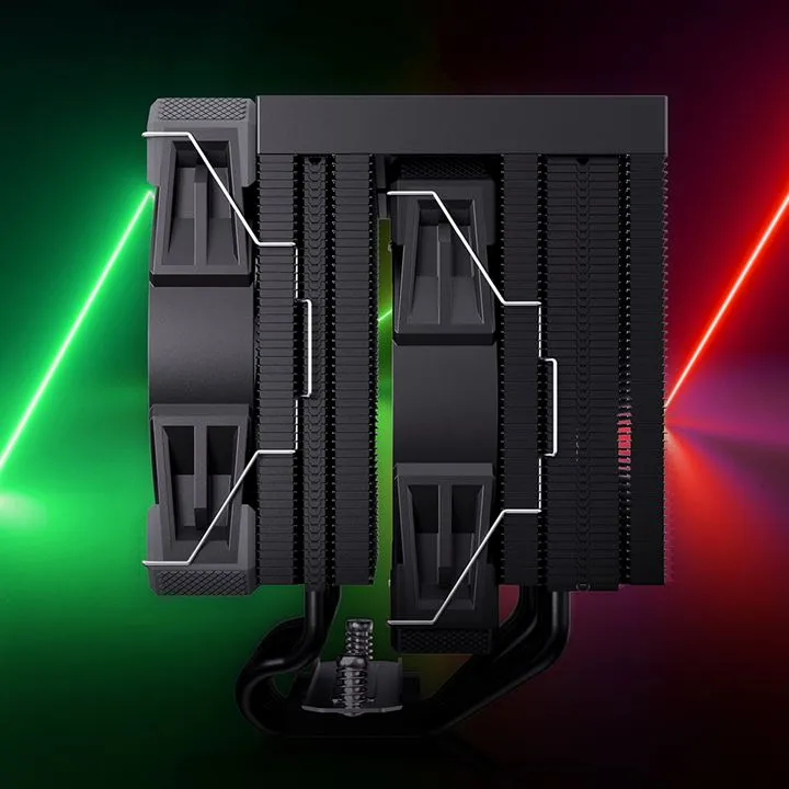 Sharkoon CPU-Kühler A60 120mm RGB mit schwarzem Dual-Tower-Kühlkörper, zwei Lüftern und AM4/5-Halterung vor Neon-Hintergrund. Sharkoon CPU-Kühler A60 120mm RGB mit schwarzem Dual-Tower-Kühlkörper, zwei Lüftern und AM4/5-Halterung vor Neon-Hintergrund.