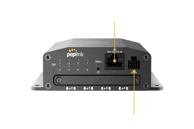 Peplink SIM Injector с 8 индикаторами SIM-карт, портом PoE IN и разъёмом питания для сетевых устройств.