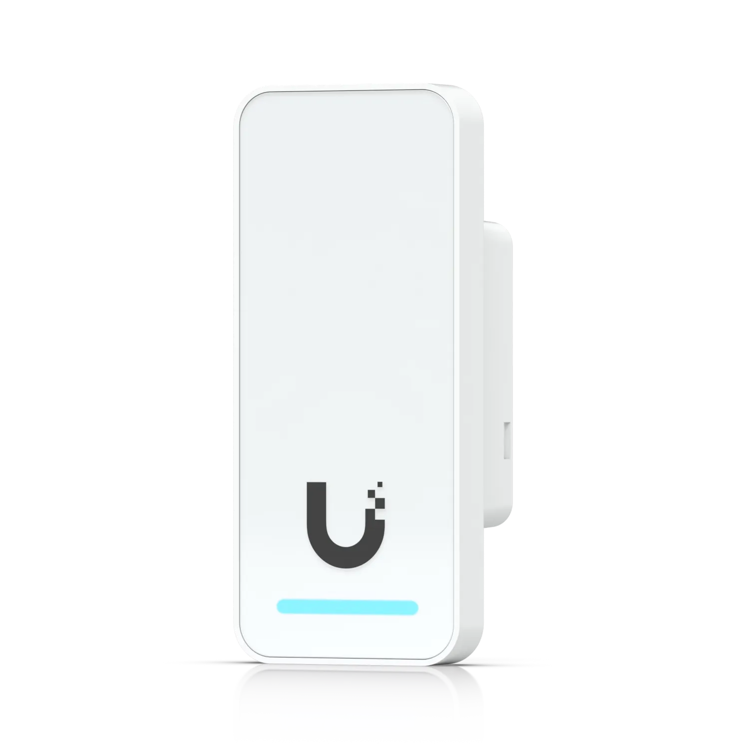 Ubiquiti Access Elevator Starter Kit, weißes Gerät mit abgerundeten Ecken und blau leuchtendem Statusbalken vor schwarzem Ubiquiti Access Elevator Starter Kit, weißes Gerät mit abgerundeten Ecken und blau leuchtendem Statusbalken vor schwarzem