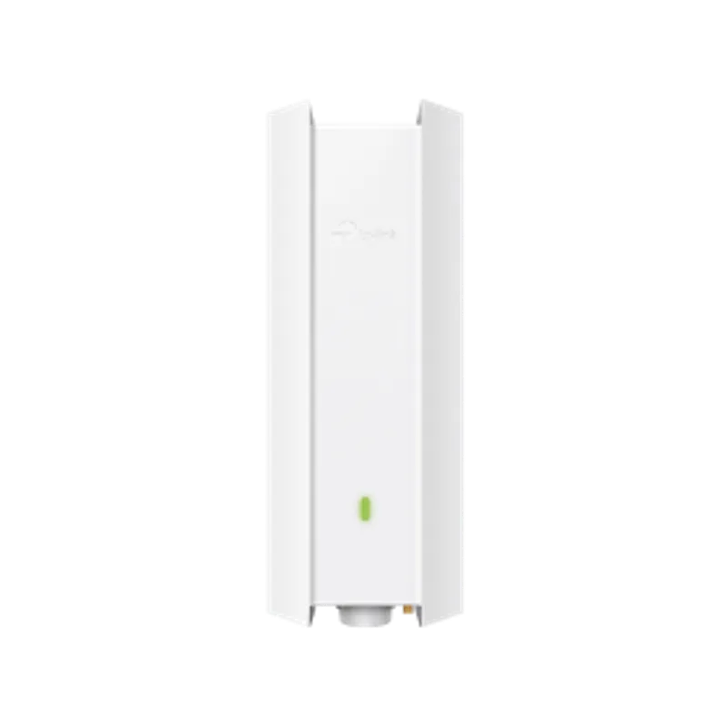 Router TP-Link ER703WP-4G-Outdoor bianco con logo visibile, LED verde acceso e connettore inferiore per installazione