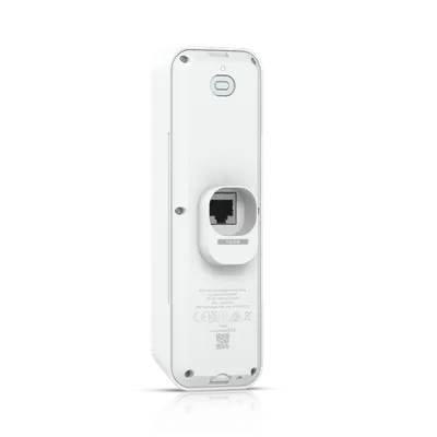 Ubiquiti Unifi Protect G4 Doorbell Pro PoE Kit weiß mit PoE-IN-Anschluss und Zertifizierungsdetails auf der Rückseite.
