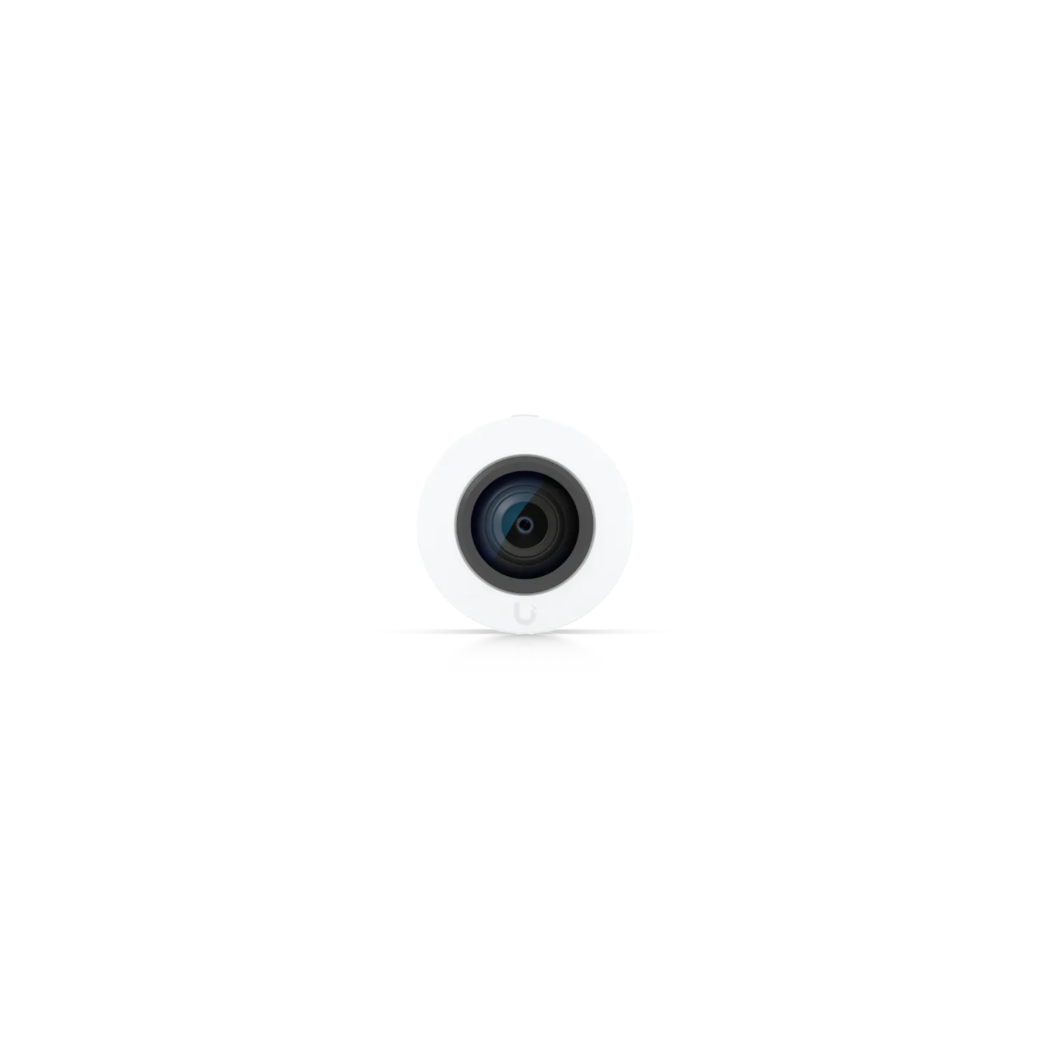 Ubiquiti AI Theta Pro Überwachungskamera mit zentraler Linse und Logo vor schwarzem Hintergrund mit Spiegelung.