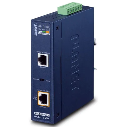 Iniettore PoE industriale PLANET Ultra 60W con porta Gigabit, due connettori Ethernet, interruttore Standard/Legacy e