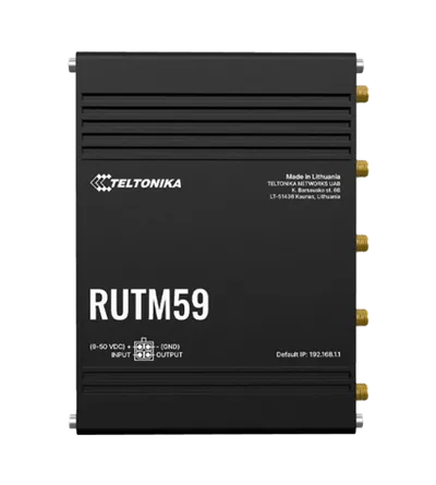 TELTONIKA RUTM59 5G industrial router with ribbed black casing, antenna connectors, and model details for enterprise TELTONIKA RUTM59 5G industrial router with ribbed black casing, antenna connectors, and model details for enterprise