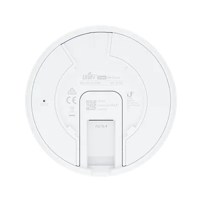 Caméra Ubiquiti UVC-G4-PTZ 4K industrielle, dos de la base circulaire blanche avec étiquette UniFi Protect G4 Dome, QR Caméra Ubiquiti UVC-G4-PTZ 4K industrielle, dos de la base circulaire blanche avec étiquette UniFi Protect G4 Dome, QR